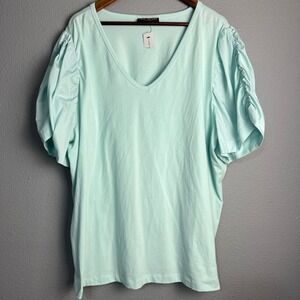 NWT Lane Bryant Mint Green V-Neck T-Shirt Ruched Puff Sleeve Top Plus Size 26/28